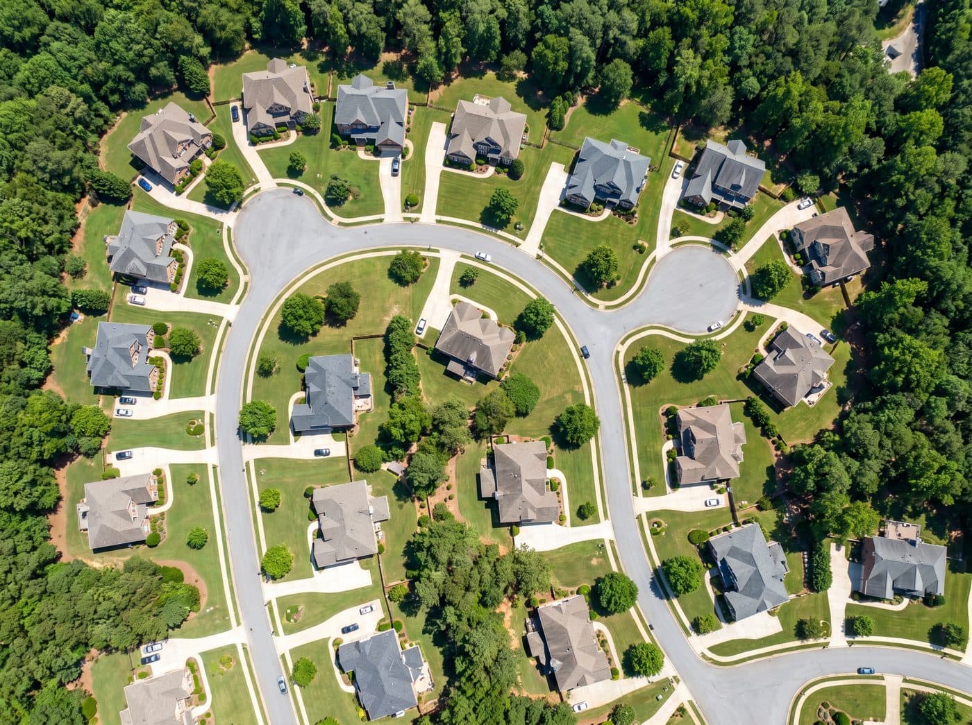 Aerial satellite view of a Buford, GA neighborhood for an instant roof measurement